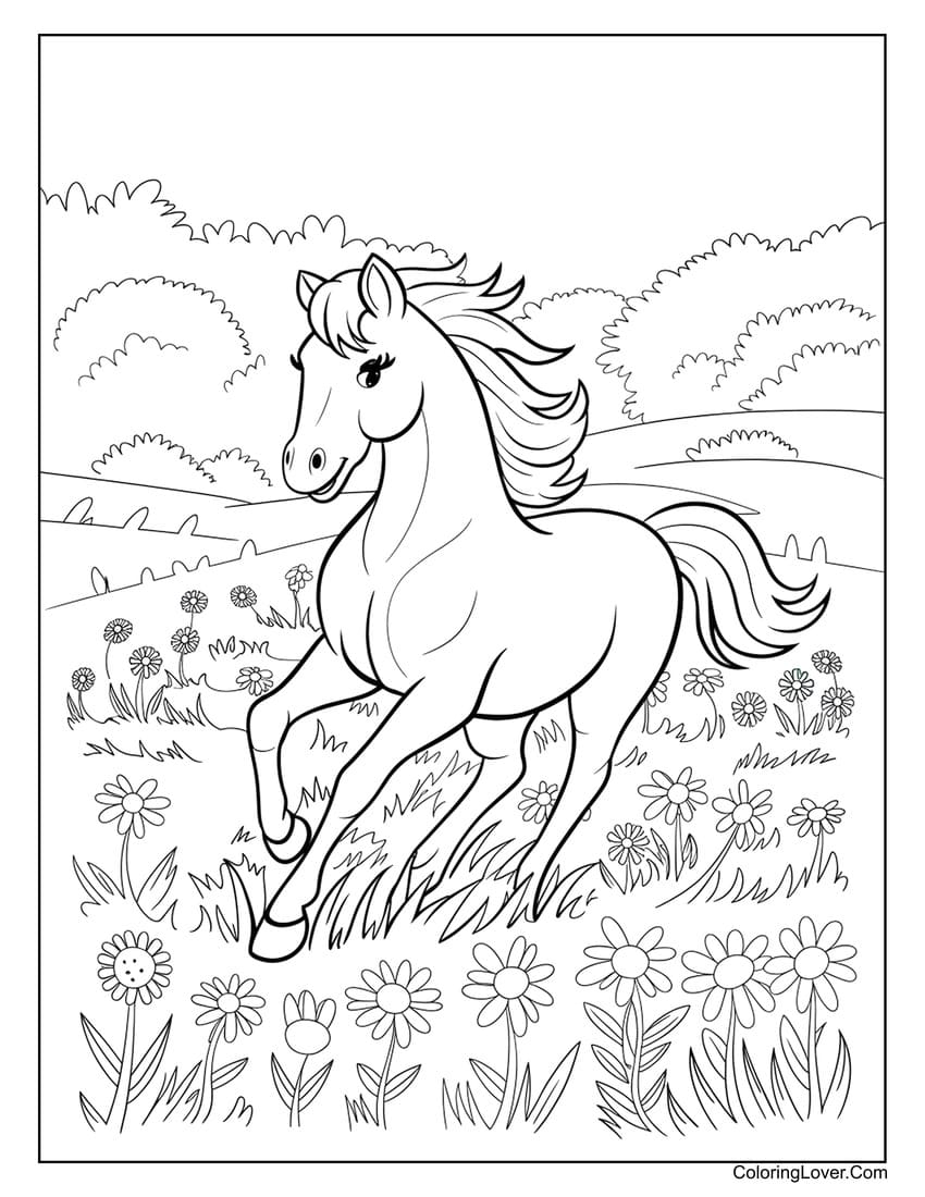 Horse running through flower field