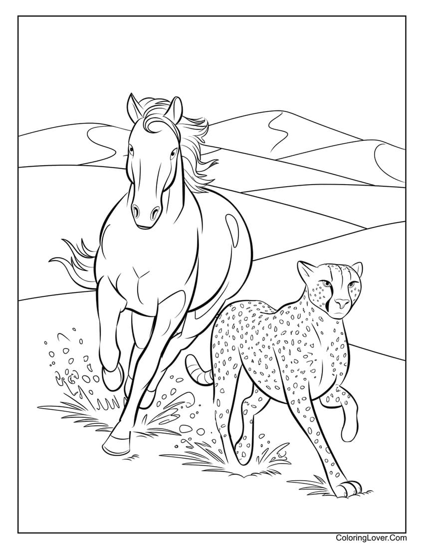 Horse running with a cheetah across the plains coloring page
