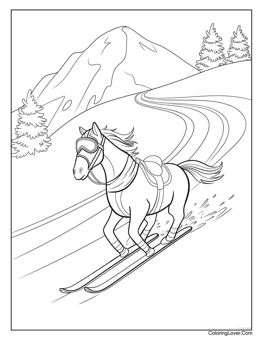 Horse skiing down mountain