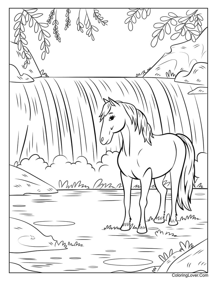 Horse standing near a waterfall coloring page