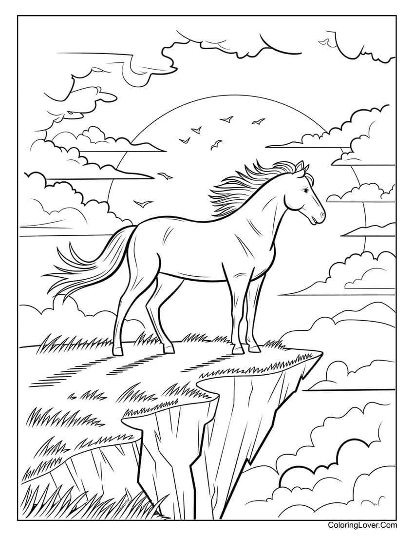 Horse standing on cliff with sunset coloring page