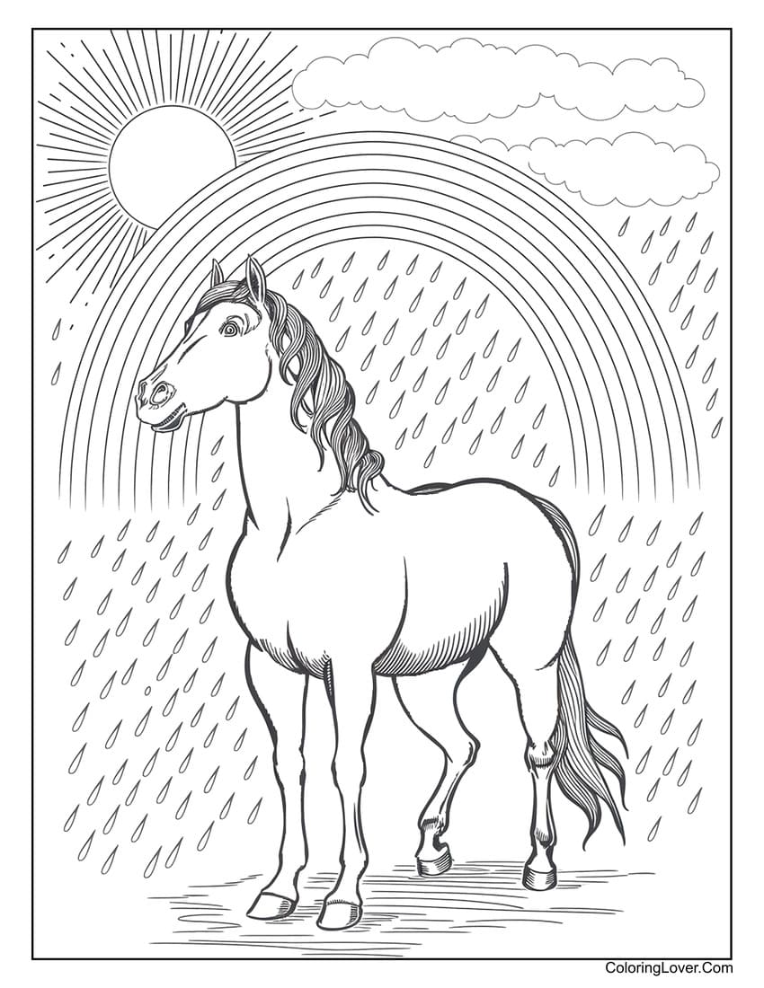 Horse standing under a rainbow with sun and rain coloring page