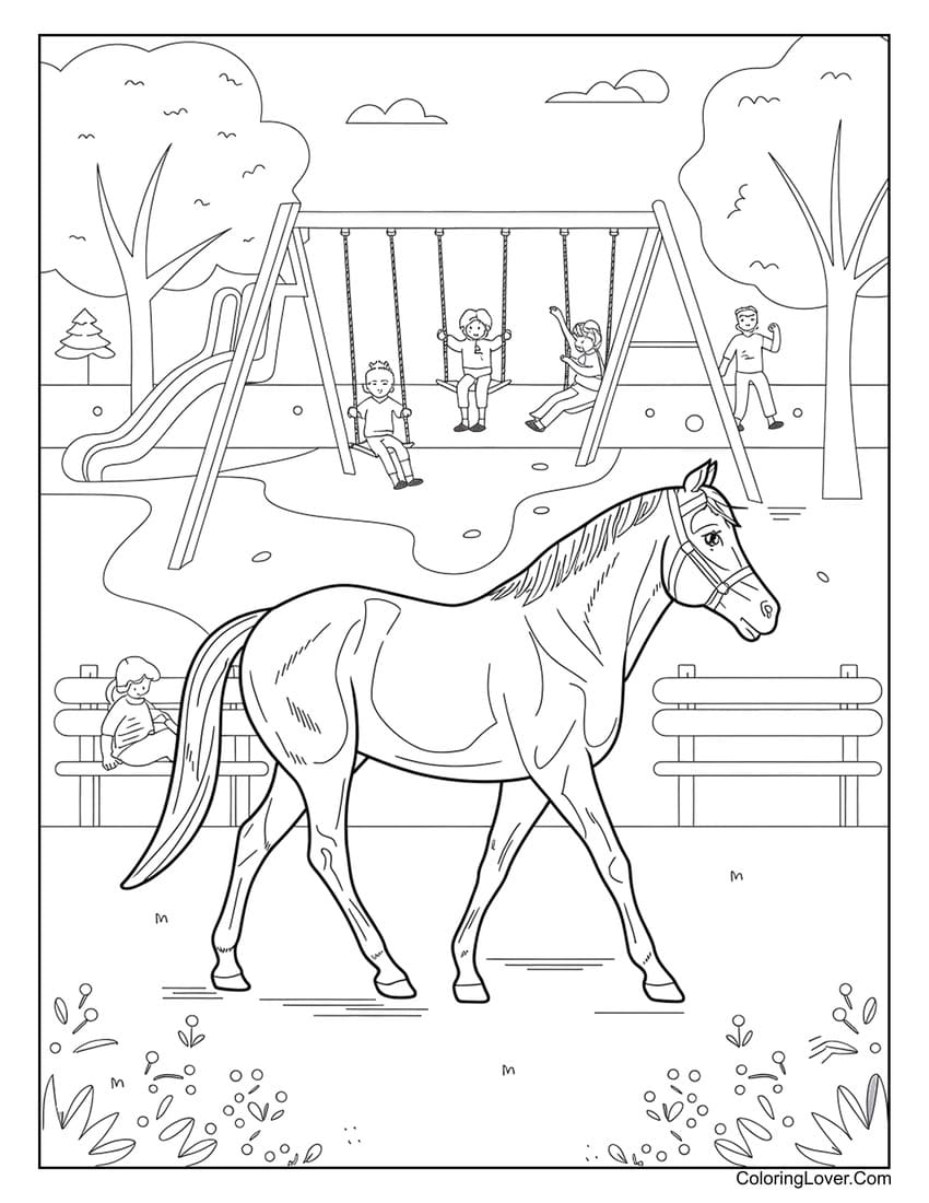 Horse walking in a park with children coloring page