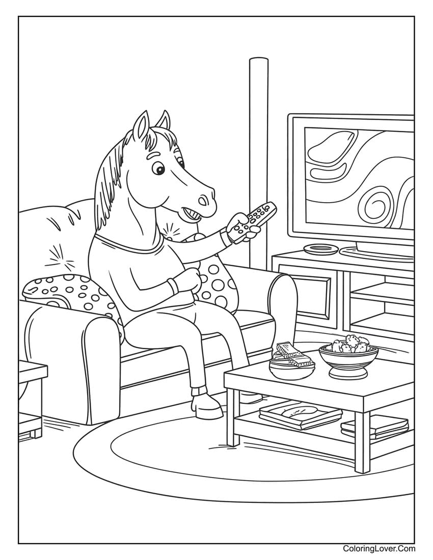 Horse watching TV at home coloring page