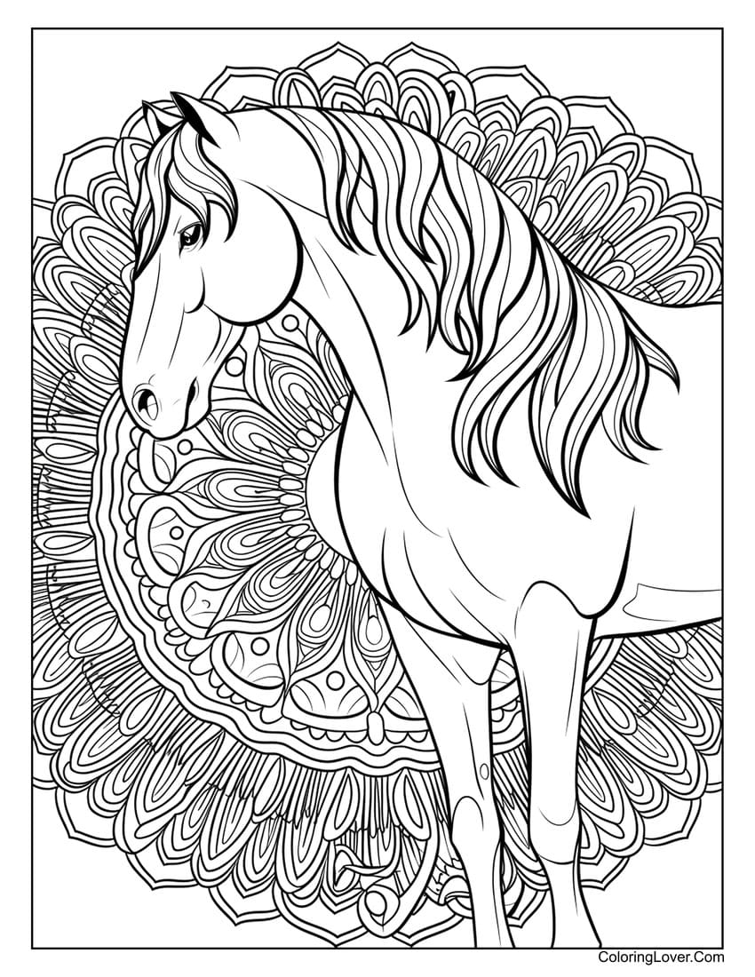 Horse with mandala backdrop coloring page