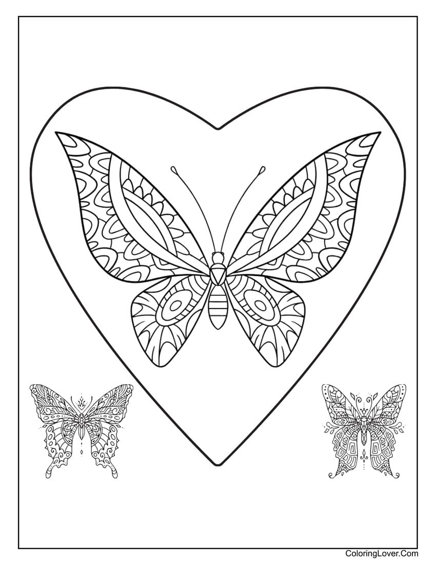 Intricate butterfly in heart coloring page