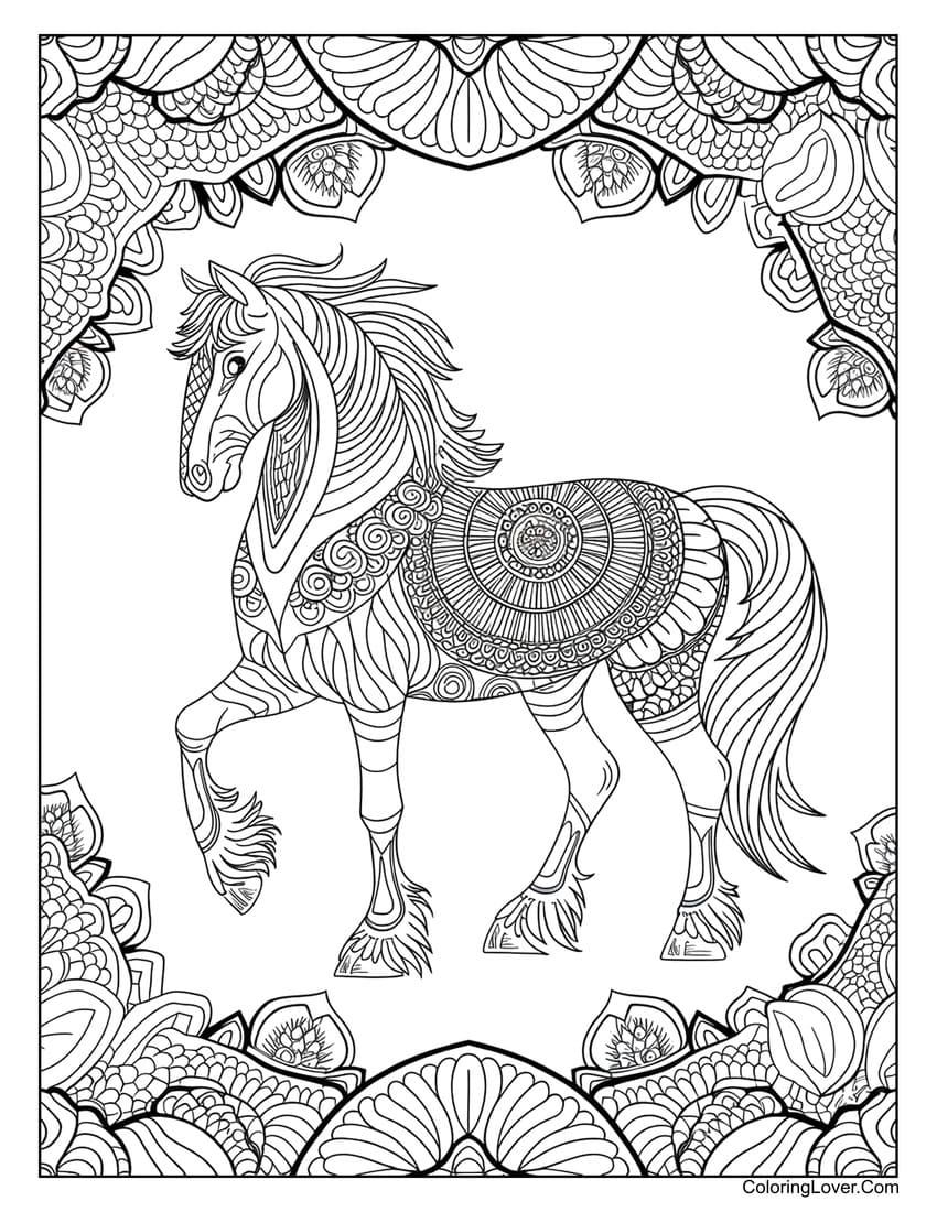 Intricate horse with mandala border coloring sheet