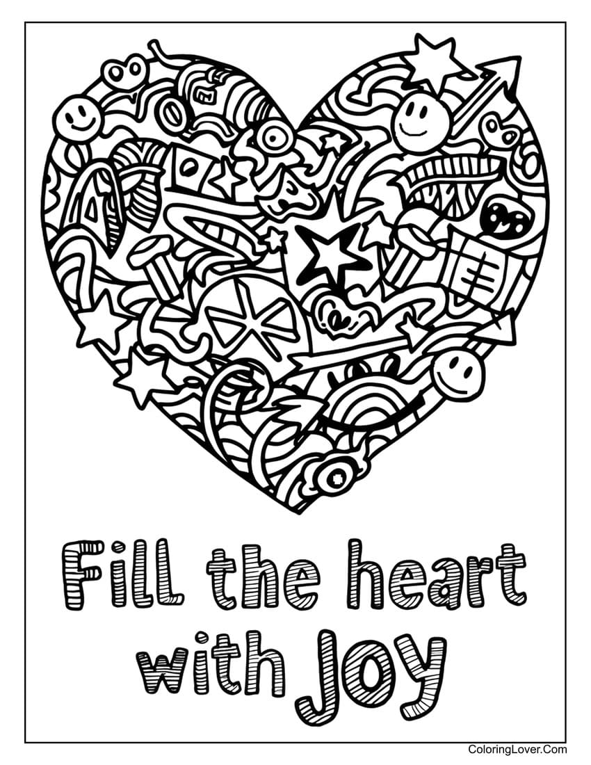 Joyful heart doodles coloring sheet
