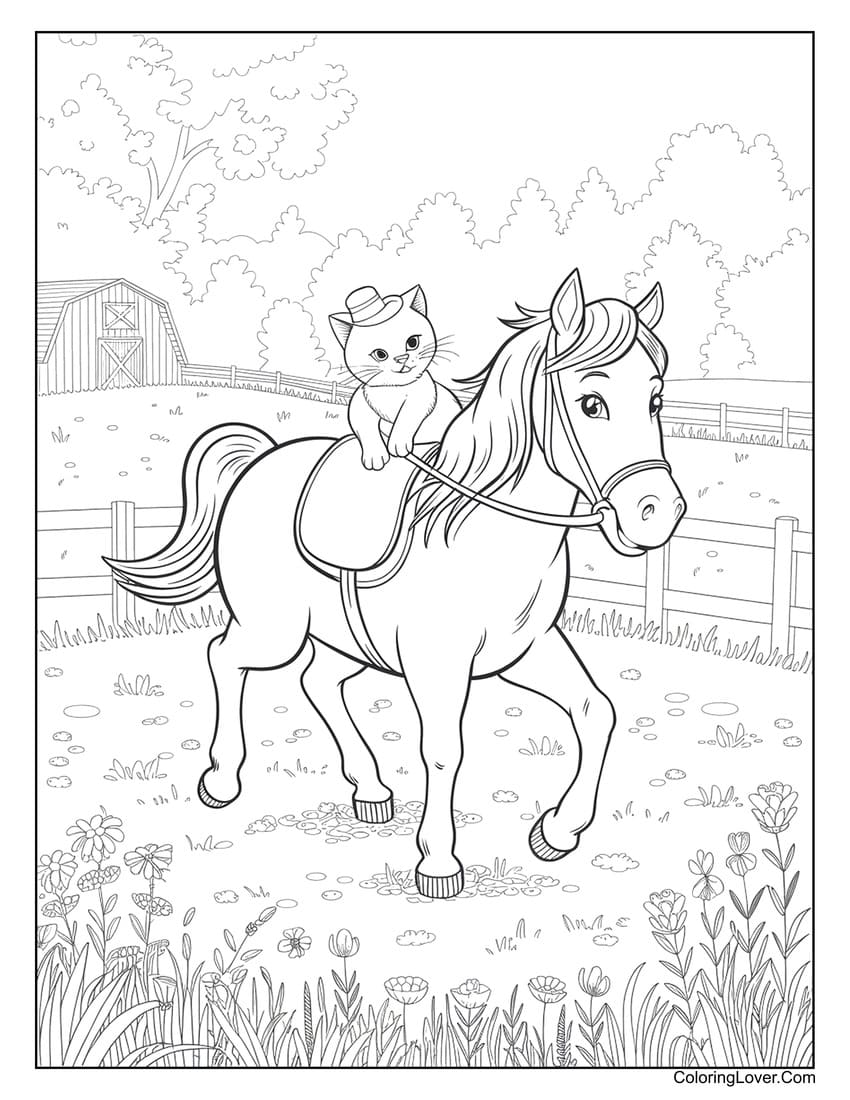 Kitten riding a horse on a farm coloring page
