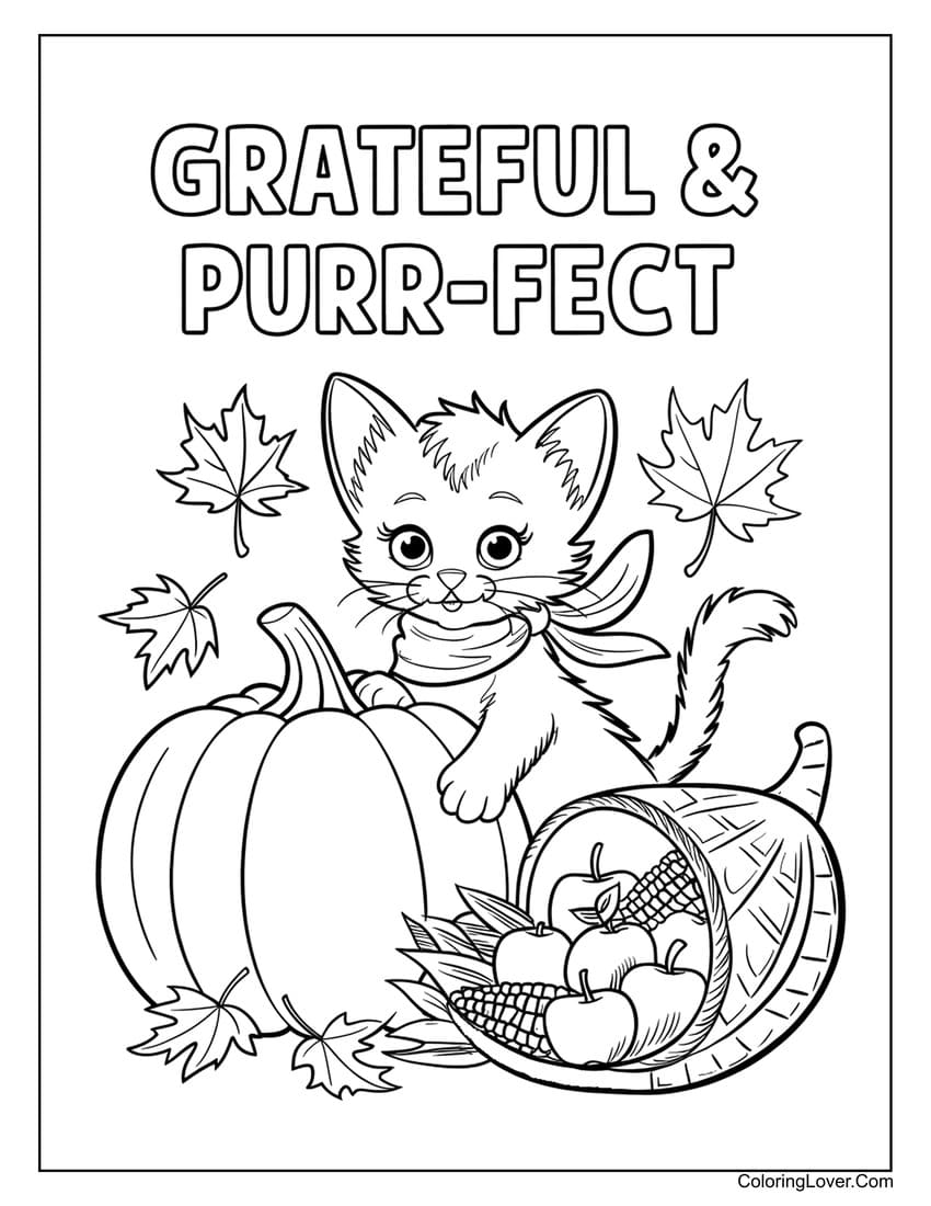 Kitten with pumpkin and cornucopia coloring page