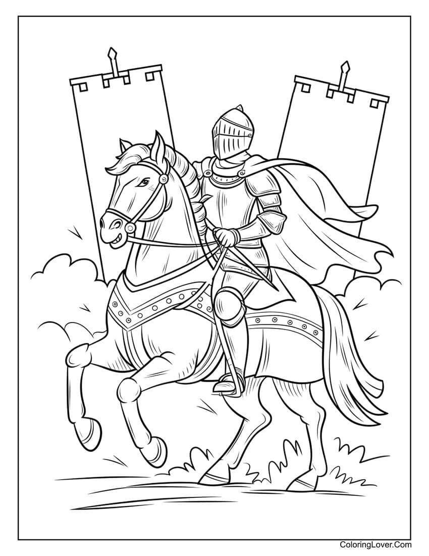 Knight riding horse in battle coloring page