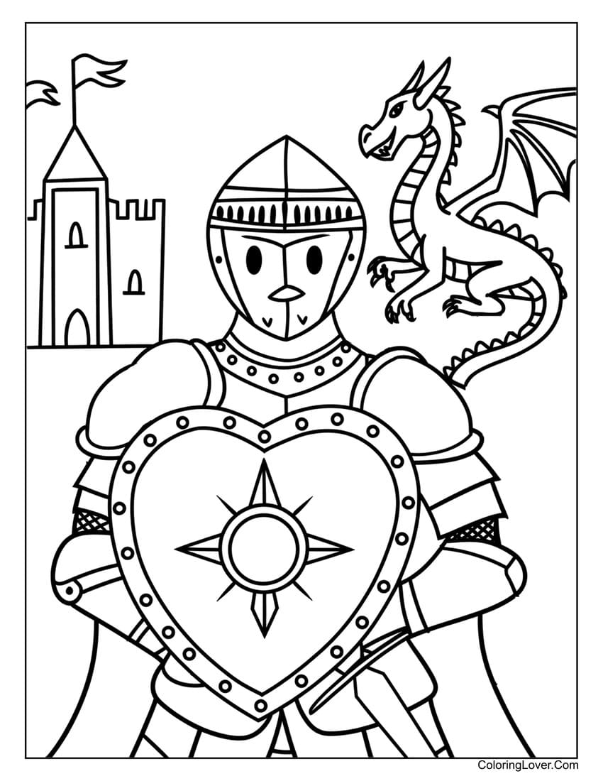 Knight with heart shield and dragon coloring page