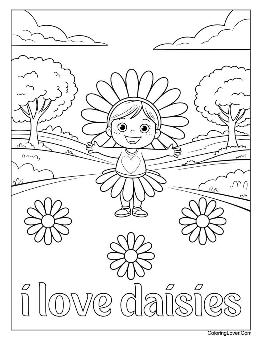 Little girl dressed as daisy in flower field coloring page