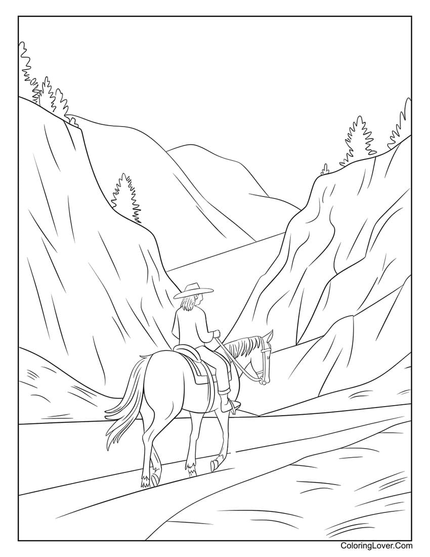 Lone traveler on horseback in mountains