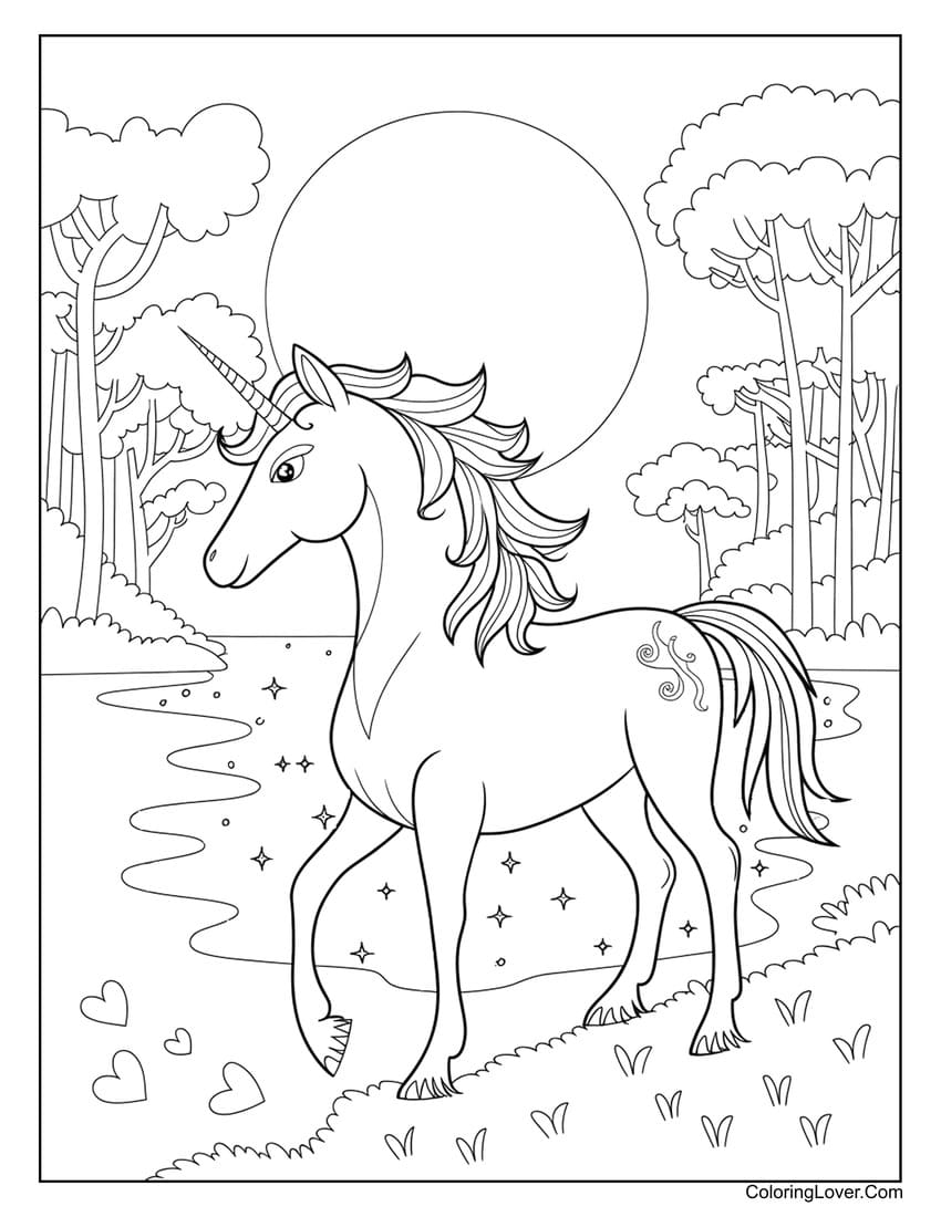 Magical unicorn by forest pond coloring page