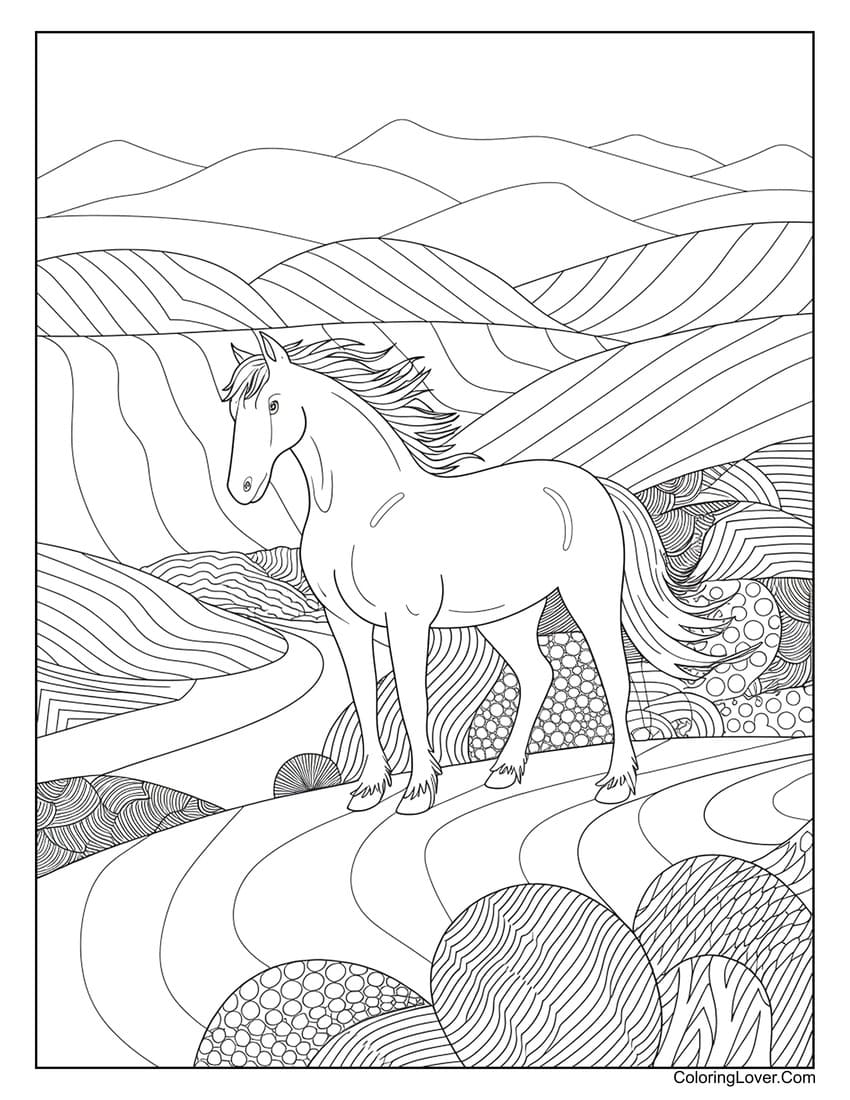 Majestic horse in a patterned landscape coloring page