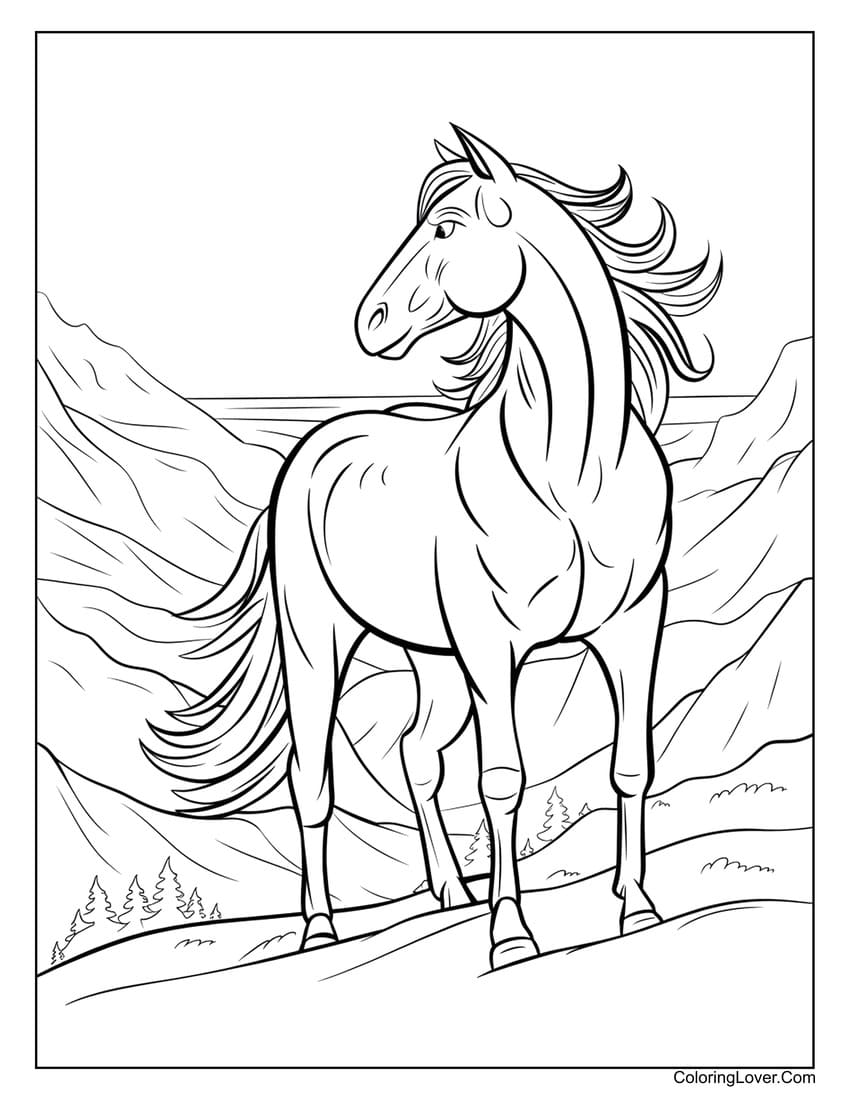 Majestic horse standing on a mountain coloring page