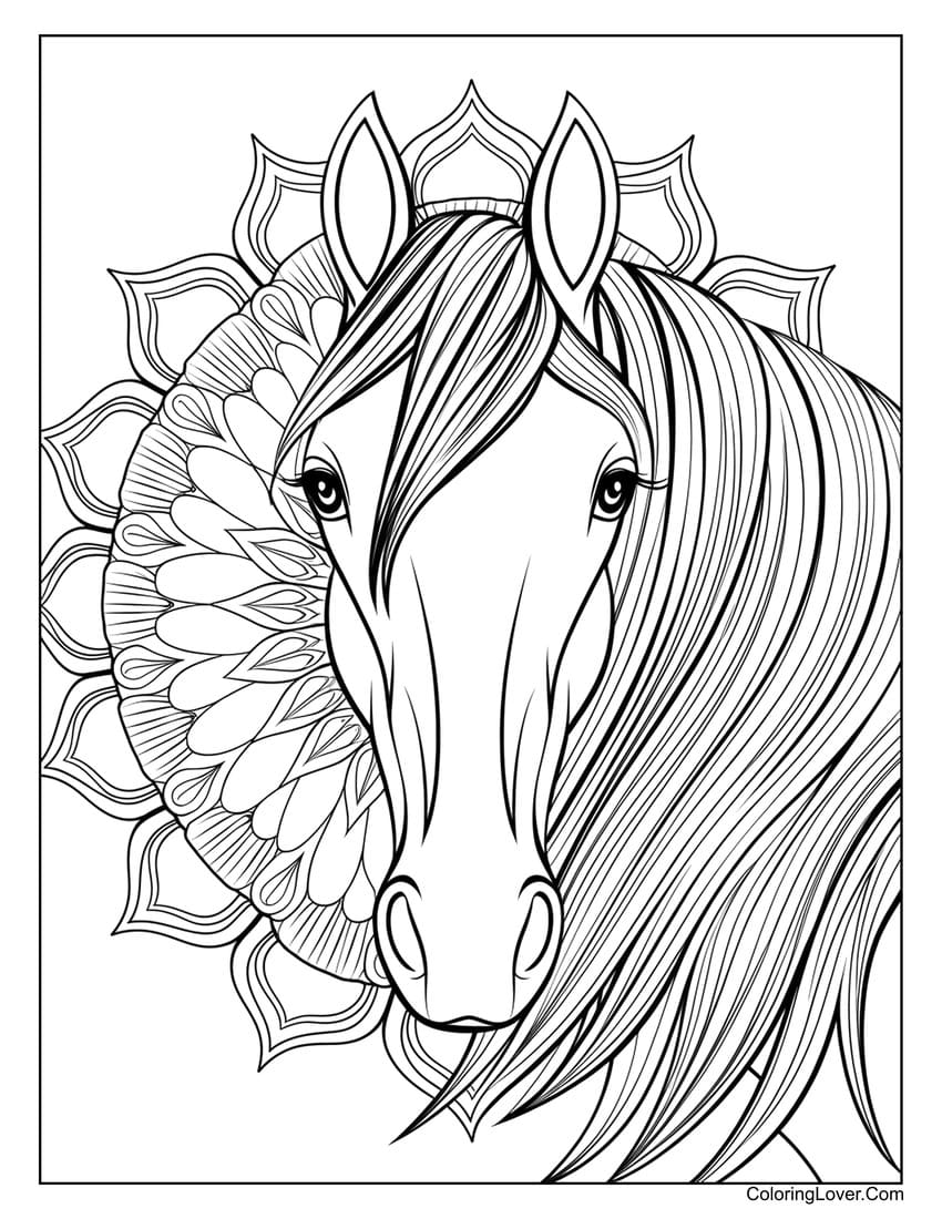 Majestic horse with intricate mane coloring page