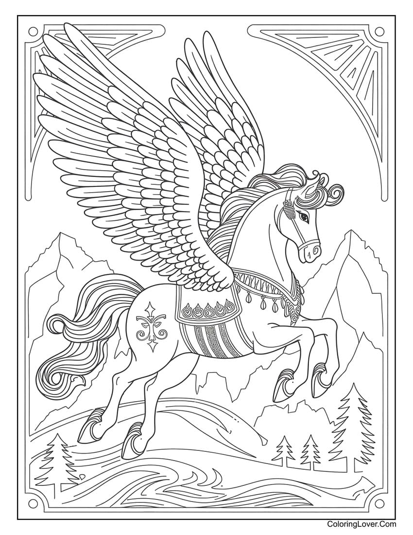 Majestic pegasus with wings in mountain landscape coloring page