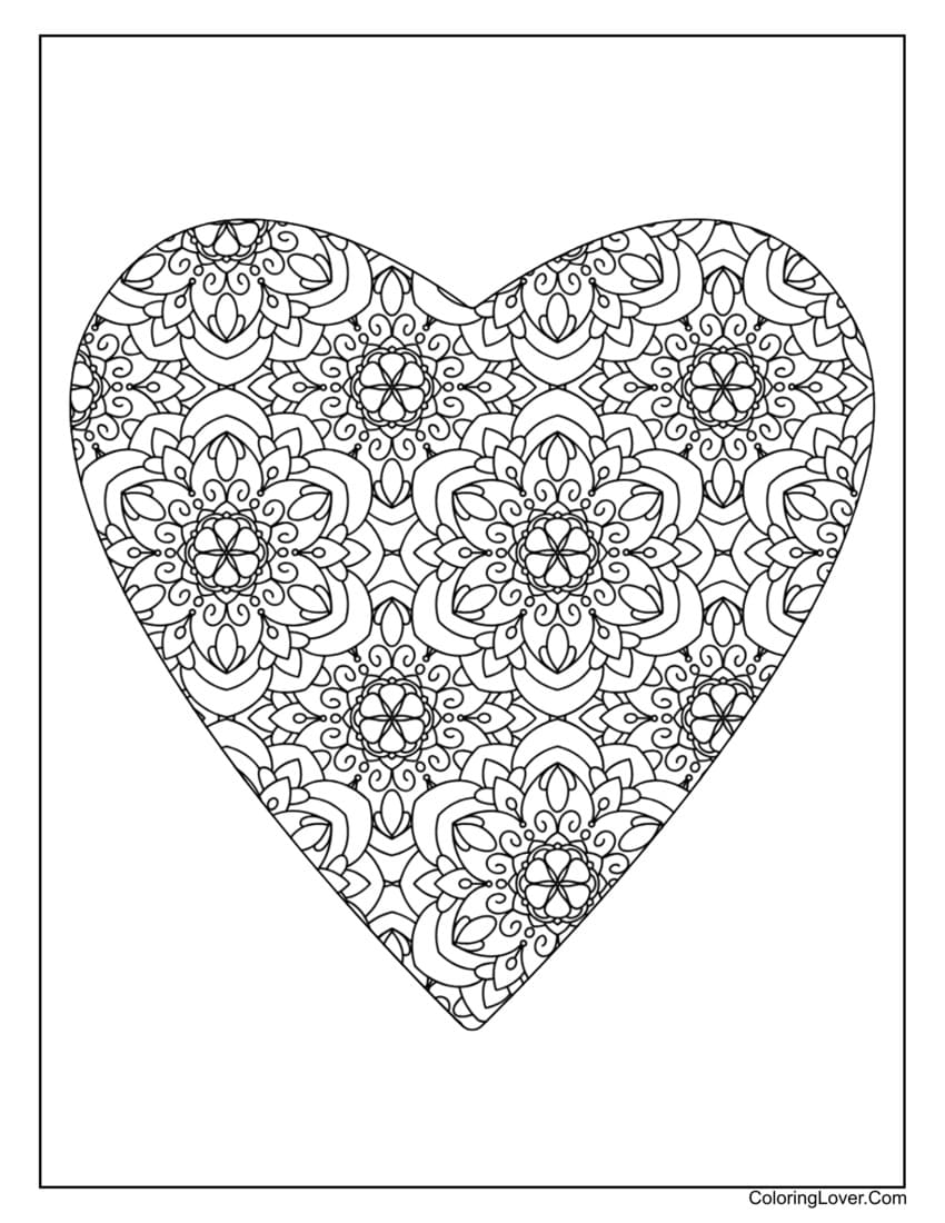 Mandala heart coloring page for mindfulness