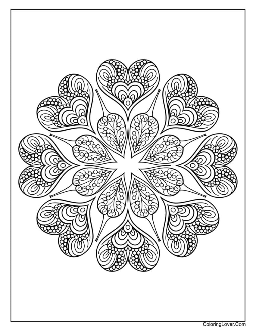 Mandala of intricate heart designs coloring page