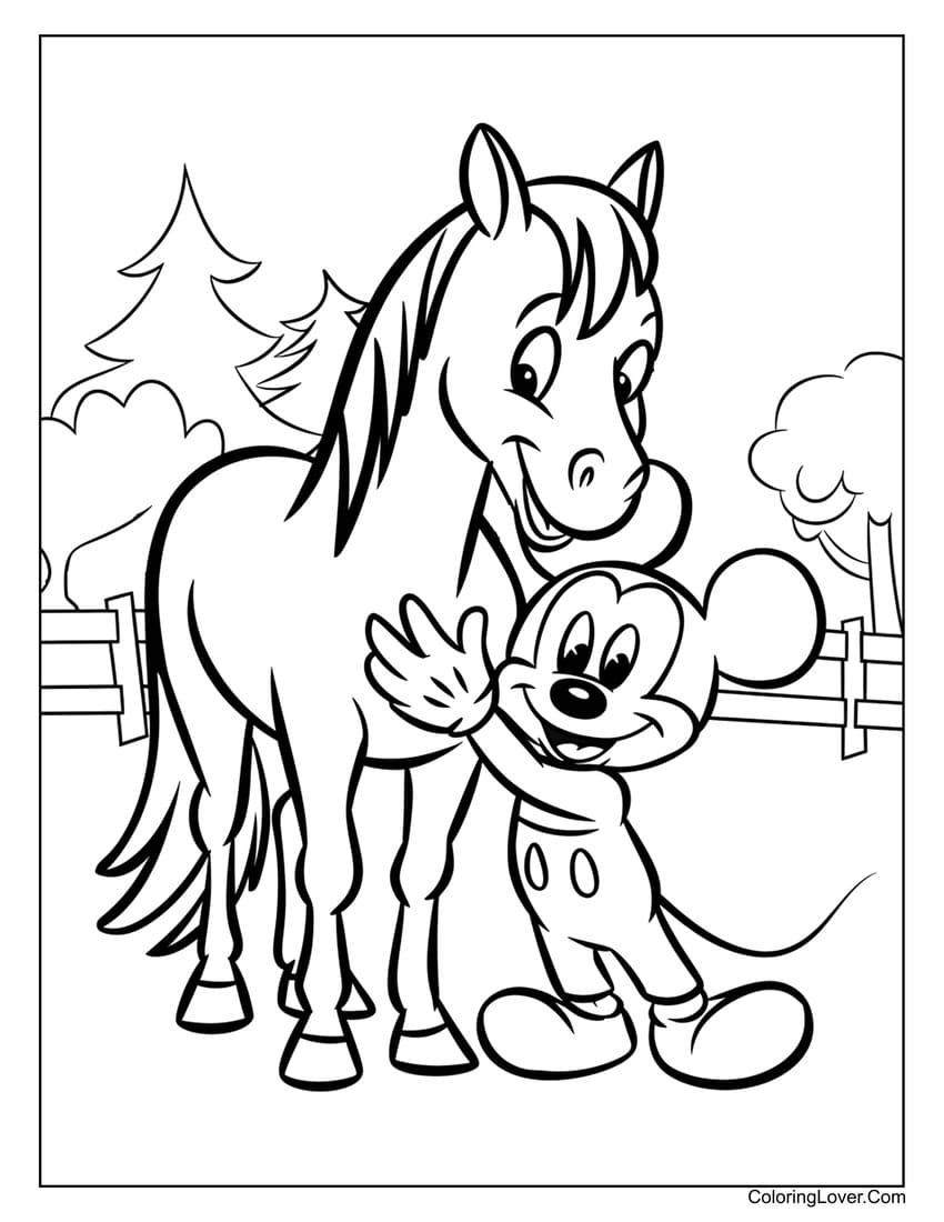 Mickey Mouse hugging a horse coloring page