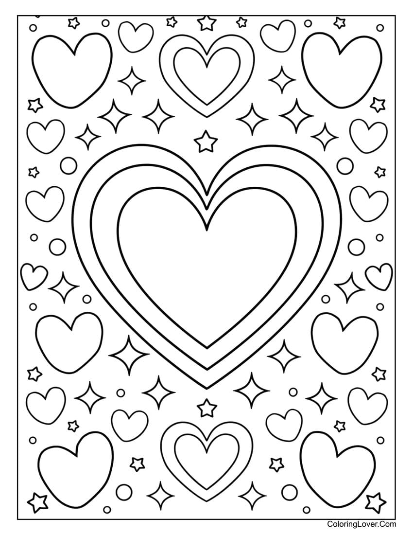 Multiple hearts with stars and circles coloring page