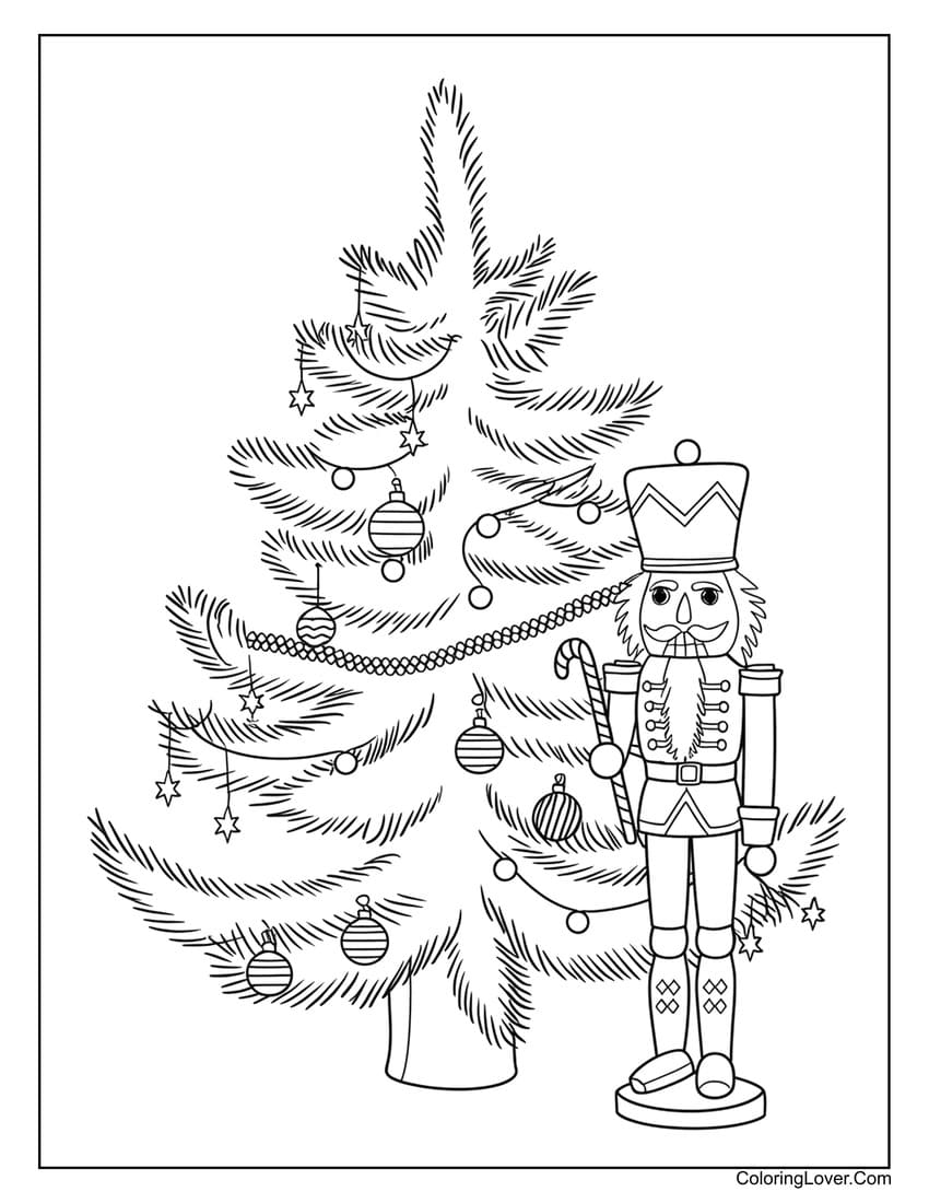 Nutcracker standing next to decorated Christmas tree