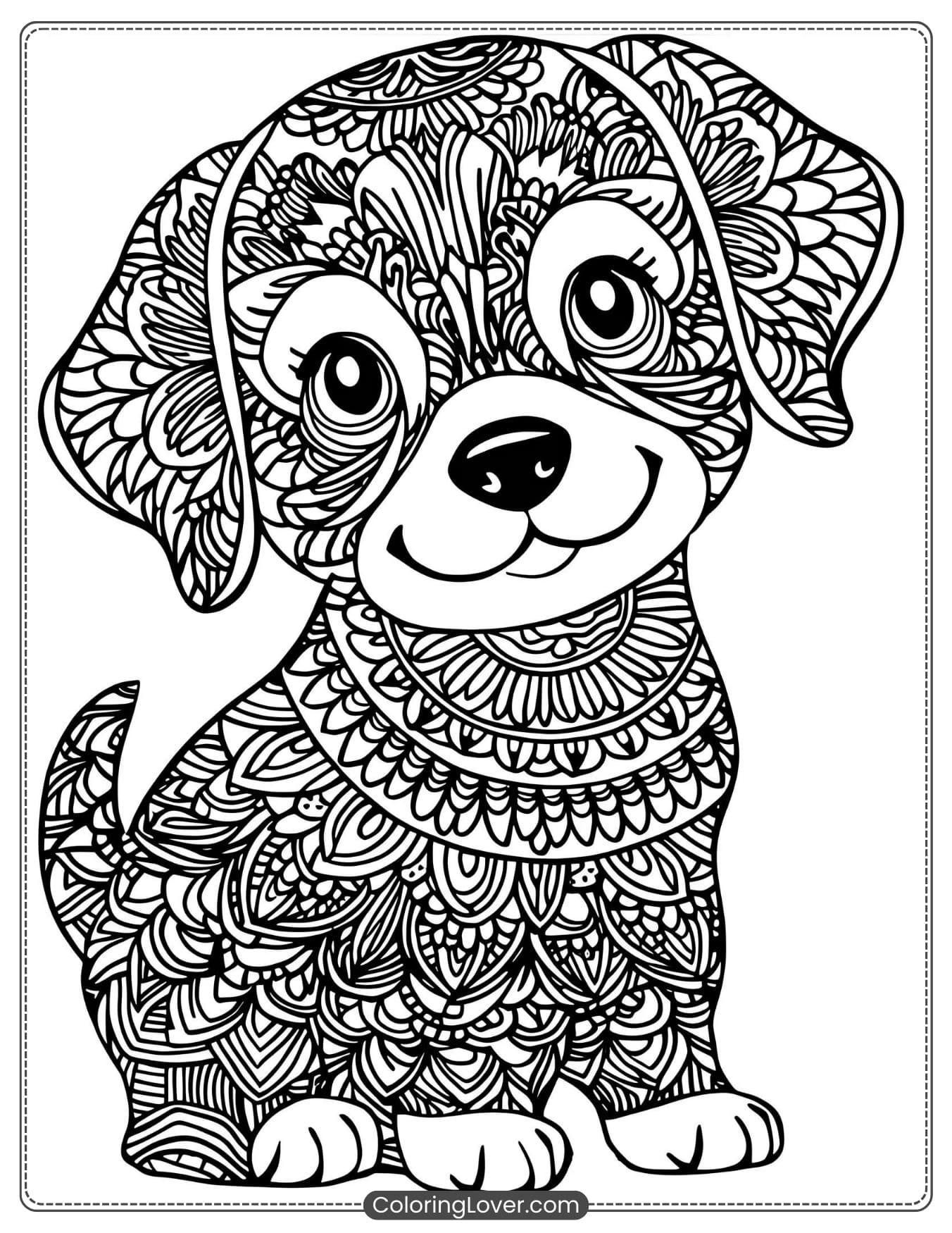 Ornate doodle-style puppy coloring page with intricate patterns
