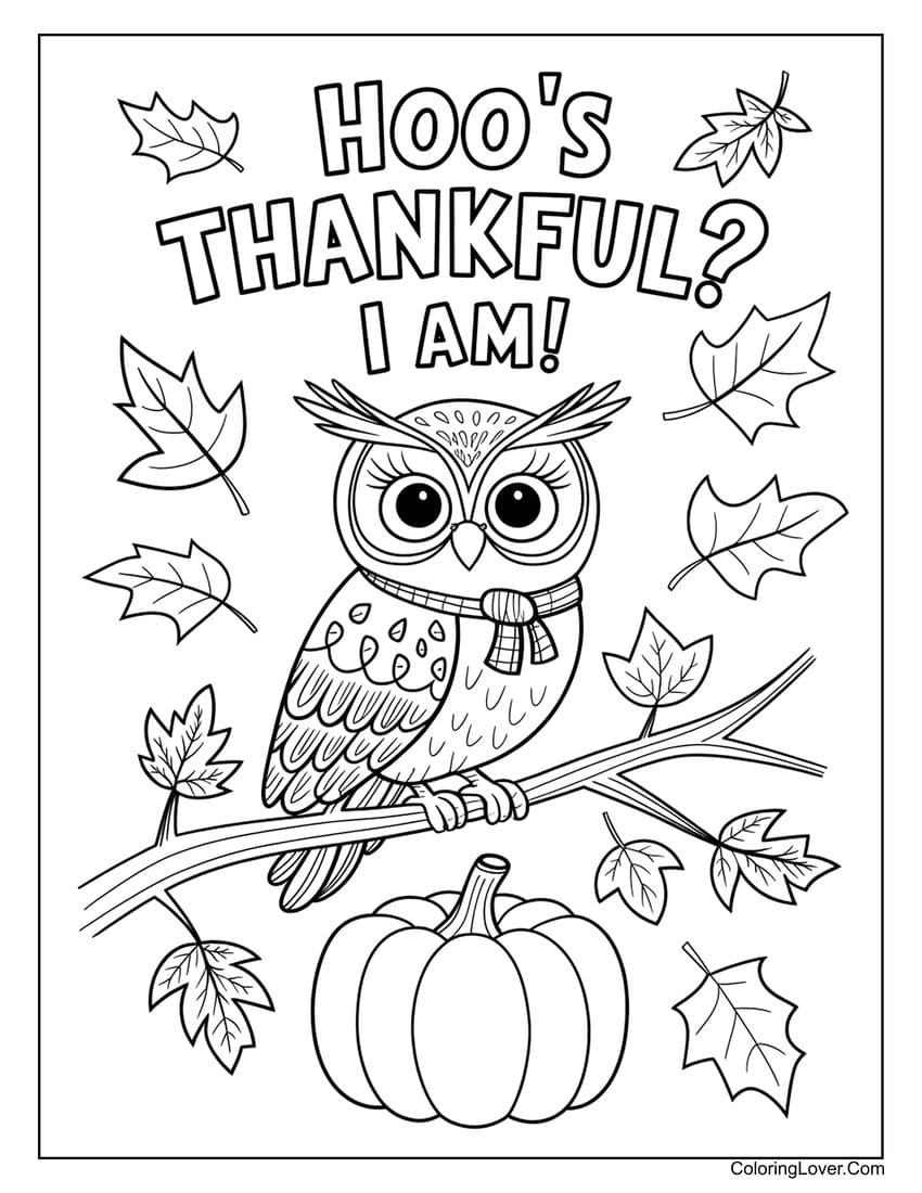 Owl on branch with pumpkin coloring page