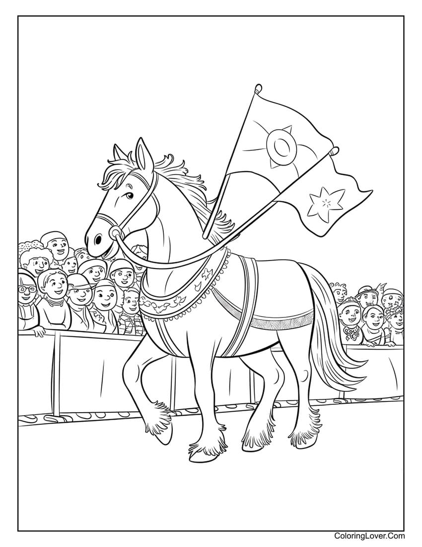 Parade horse carrying flags coloring page