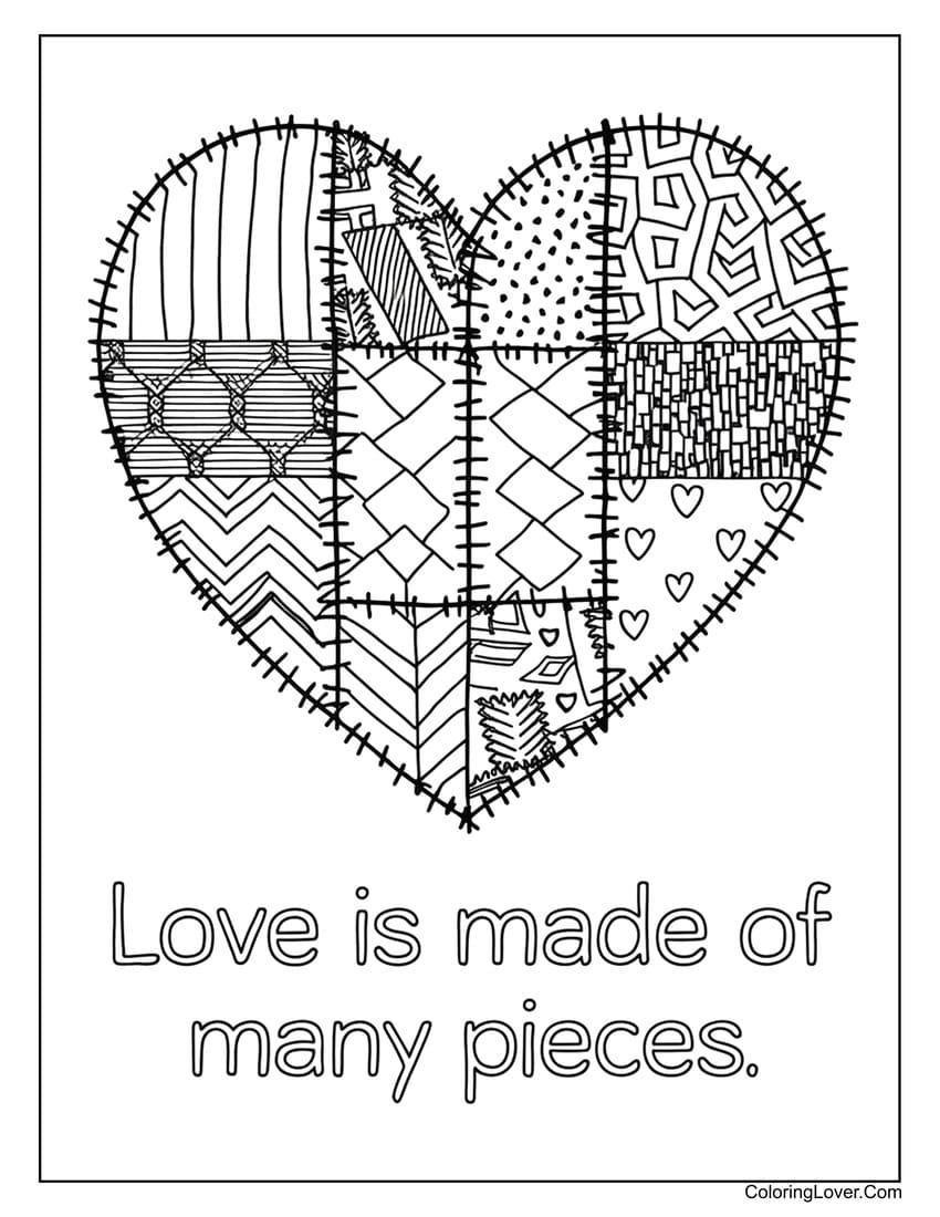 Patchwork heart with text "Love is made of many pieces"