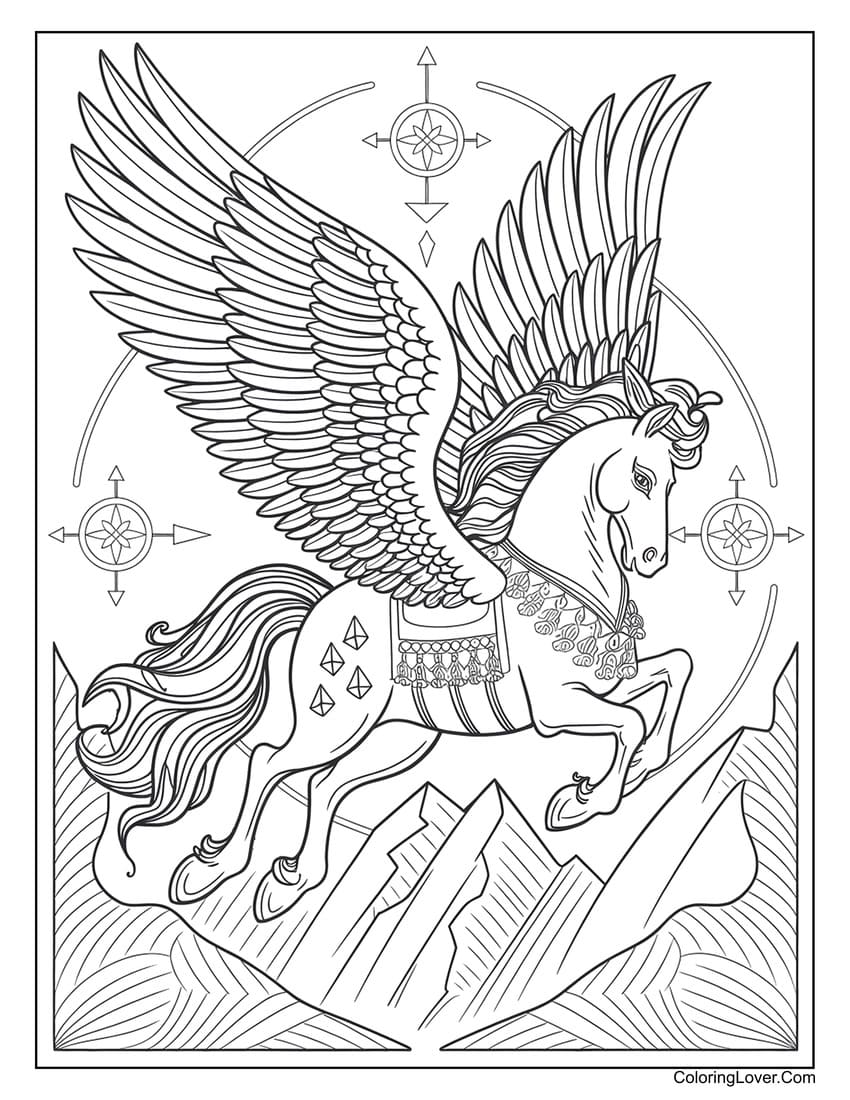Pegasus flying over mountains coloring page