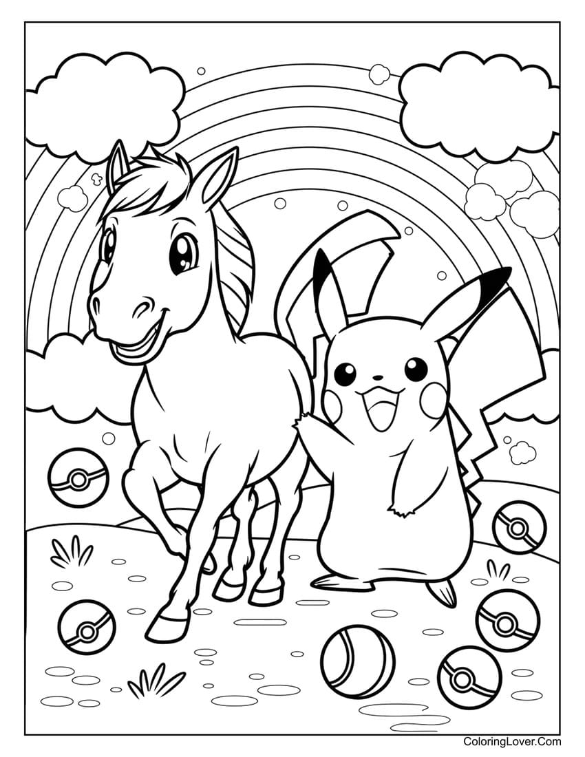 Pikachu and horse under rainbow coloring sheet