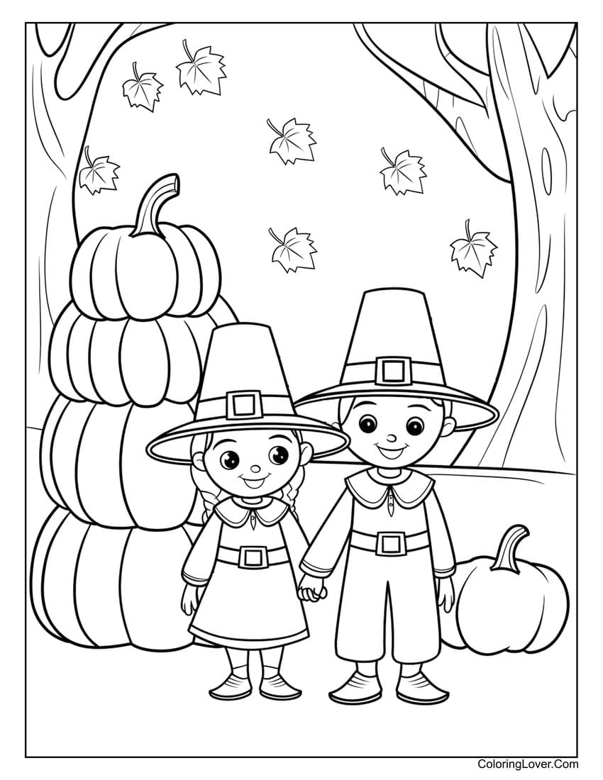 Pilgrim kids holding hands thanksgiving coloring page