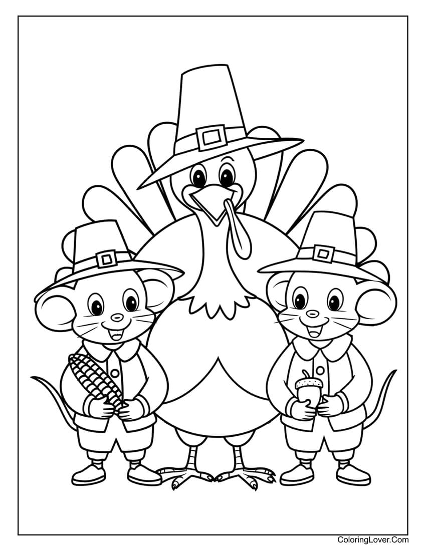 Pilgrim mice and turkey Thanksgiving coloring page for kids