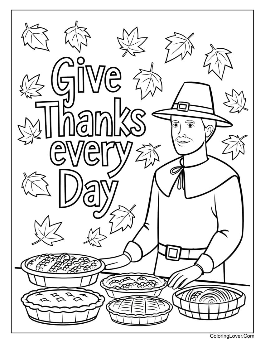 Pilgrim with pies thanksgiving coloring page