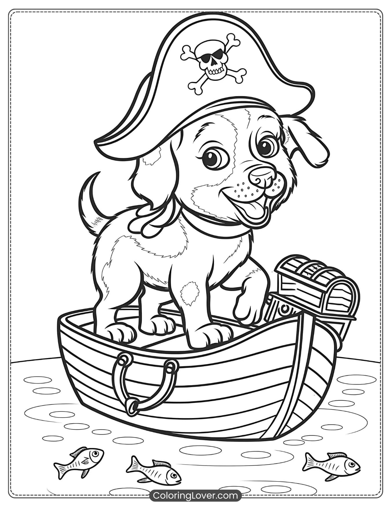 Pirate cute puppy on a boat coloring sheet