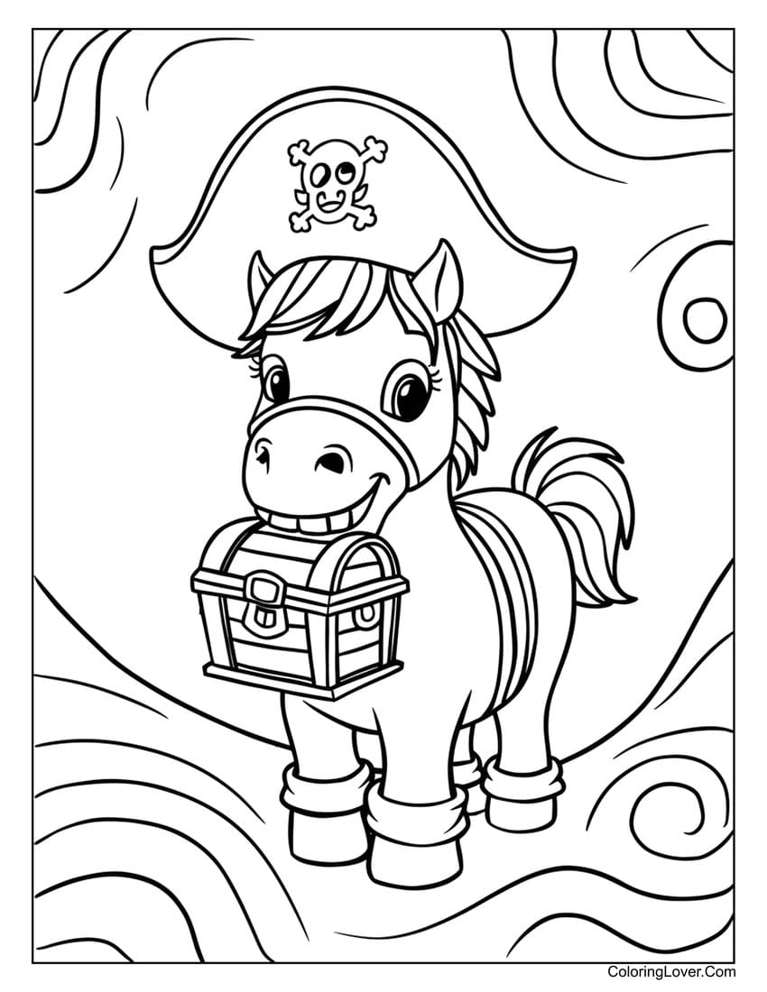 Pirate horse with treasure chest coloring page