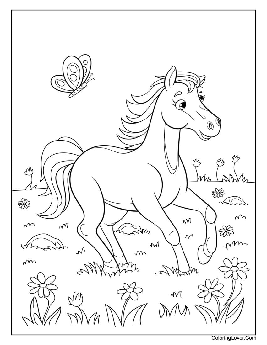 Playful horse with butterfly coloring page