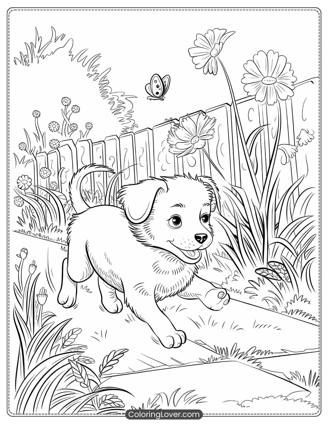 Playful puppy running in a garden

