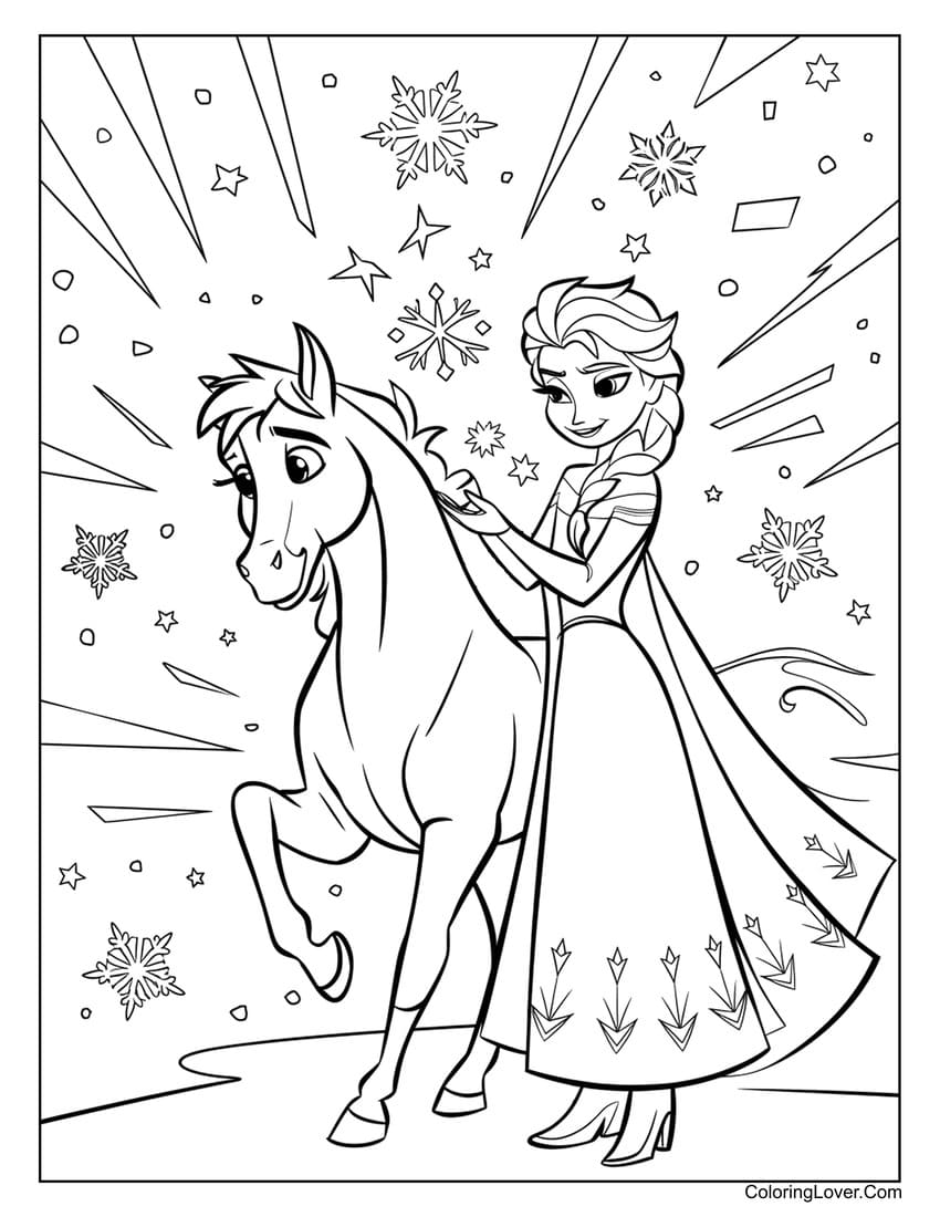 Princess and horse with snowflakes coloring page