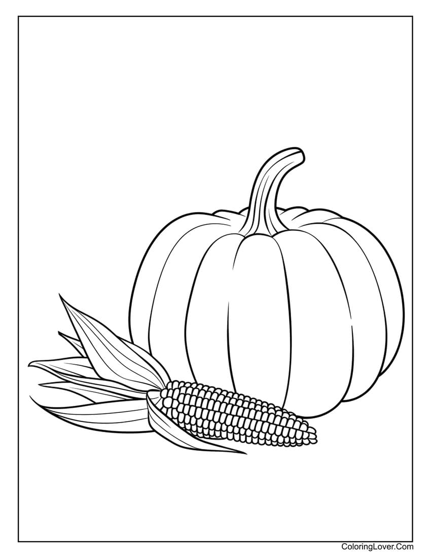 Pumpkin and corn Thanksgiving coloring page