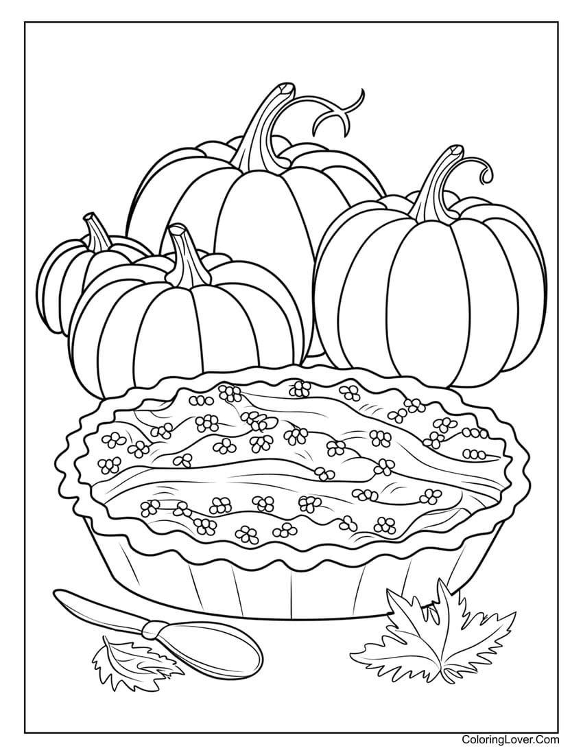 Pumpkins and pie thanksgiving coloring page