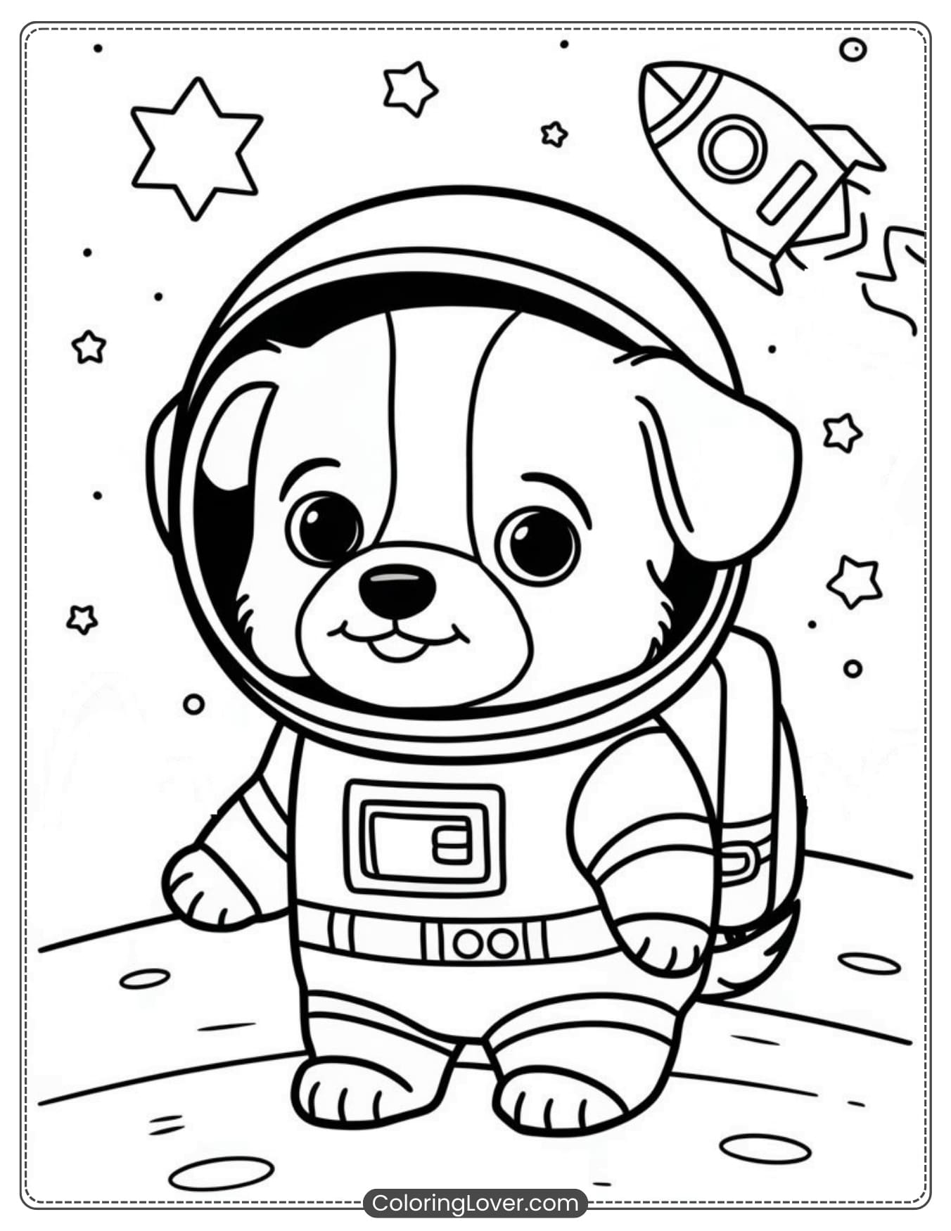 Puppy astronaut on the moon coloring page