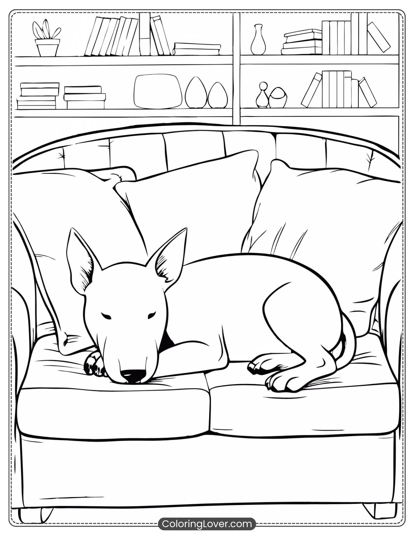Coloring Sheet: Puppy bull terrier sleeping on the sofa