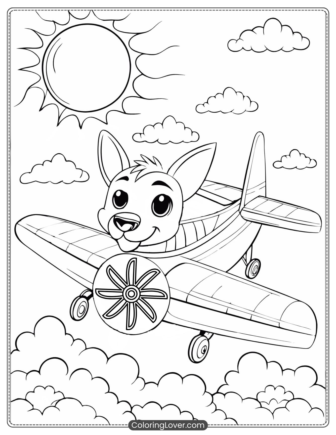 Puppy flying an airplane coloring page