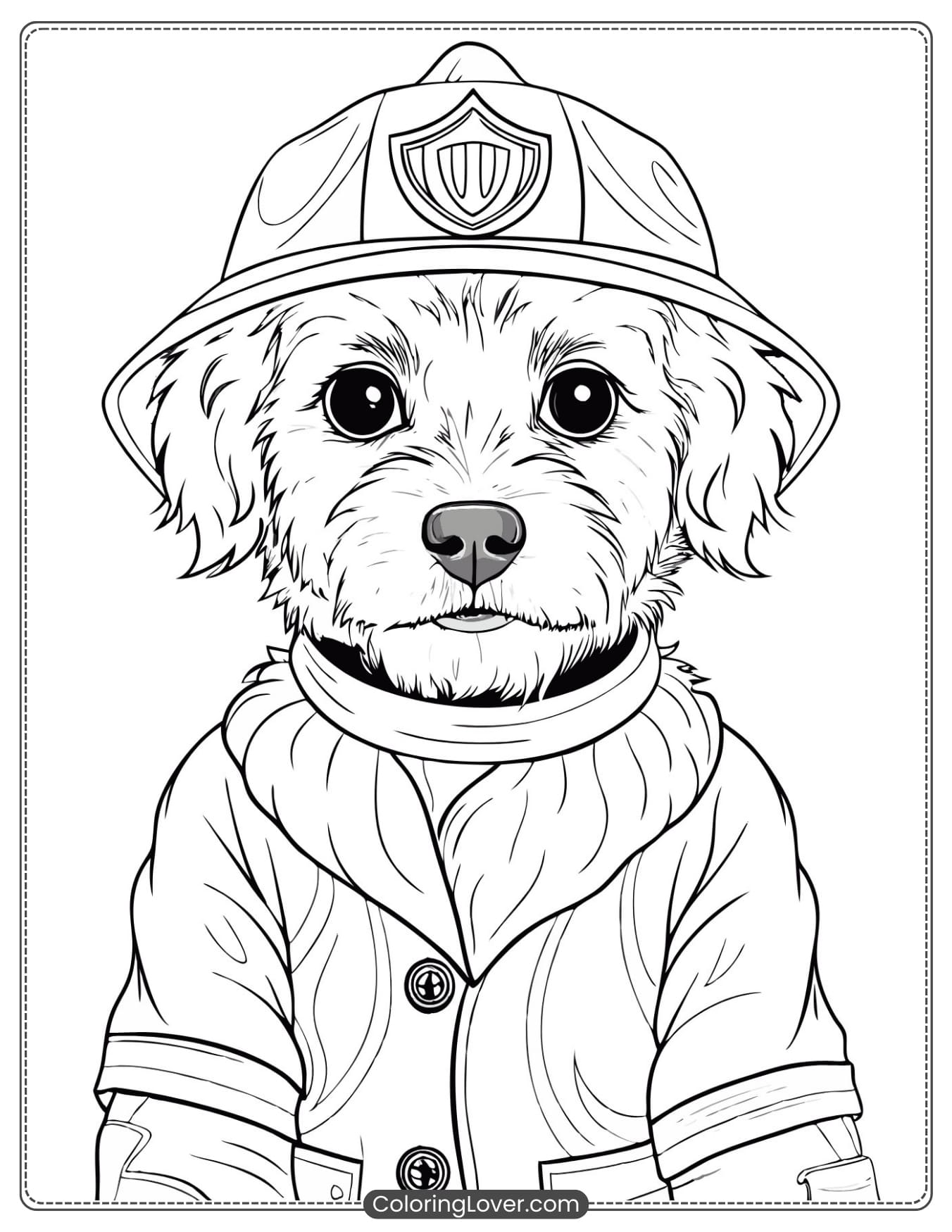 Coloring page of a puppy in a firefighter costume