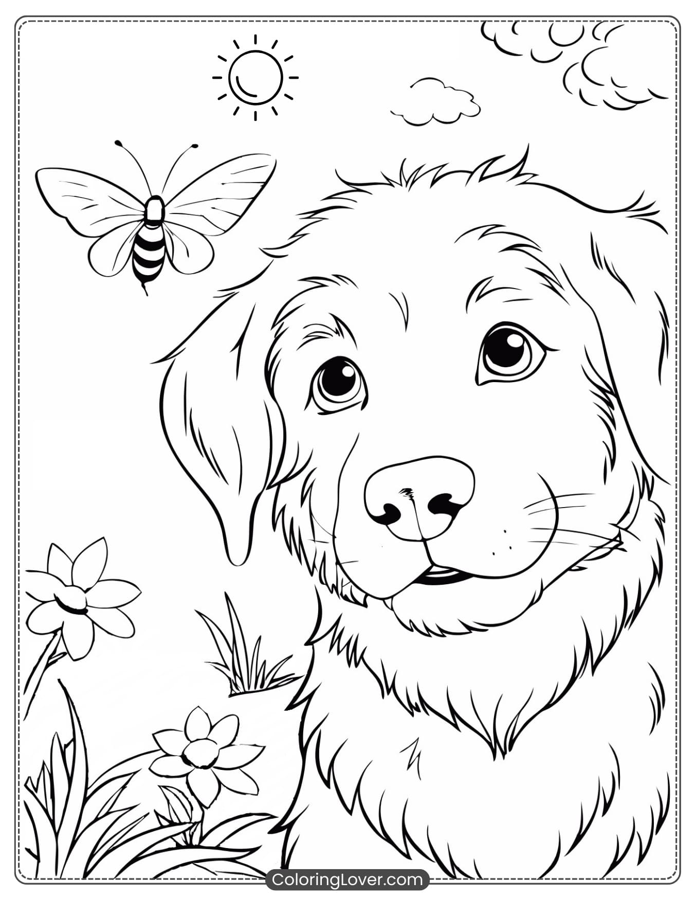 Puppy looking at a butterfly in a garden