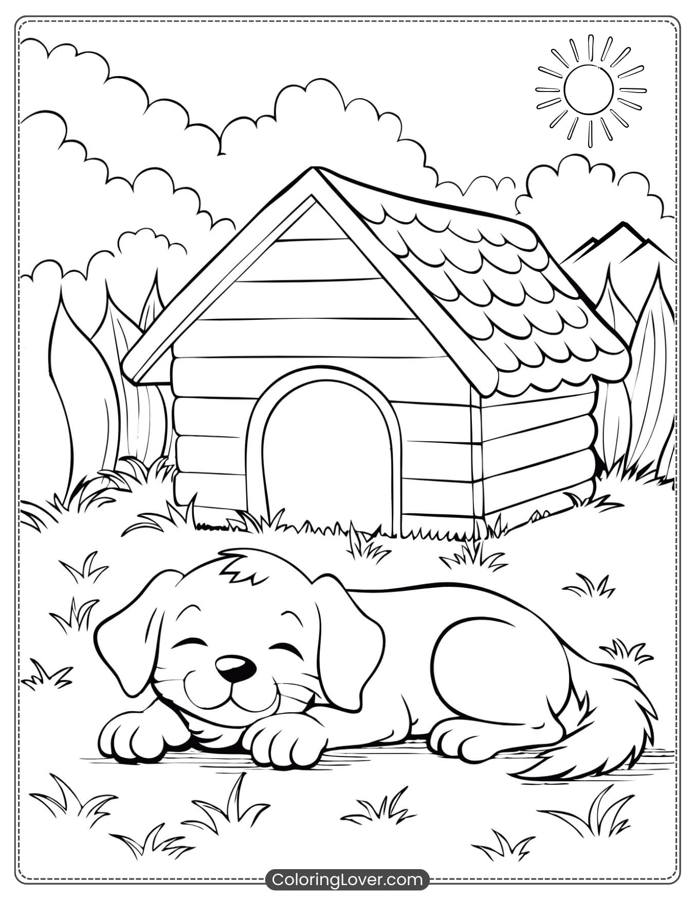 Puppy napping outside its doghouse